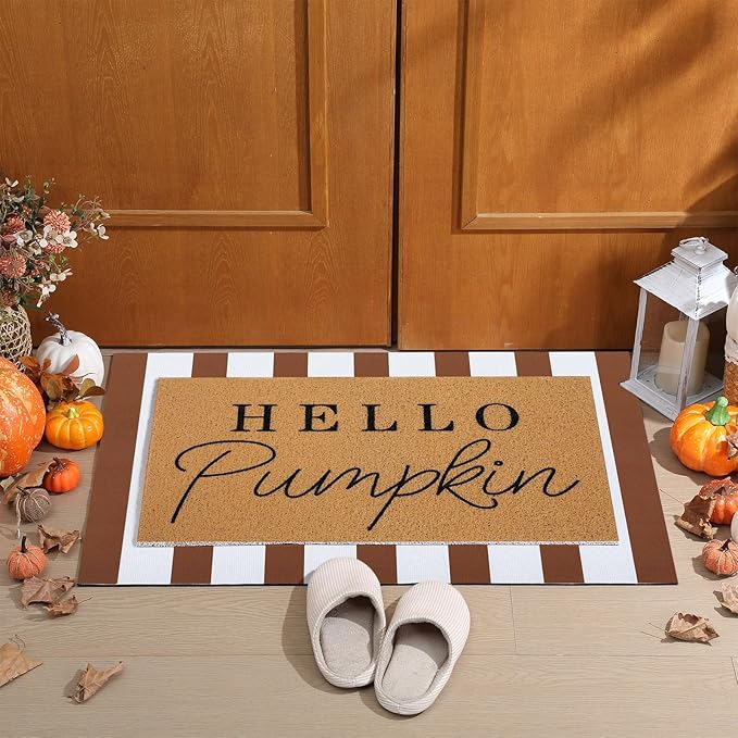 Tinideya 2 Pcs Fall Door Mat Hello Pumpkin Welcome Non Slip Coir Mats Thanksgiving Brown White Stripe Harvest Floor Layering Doormats Seasonal for Front Porch Entryway Decor(Brown White)