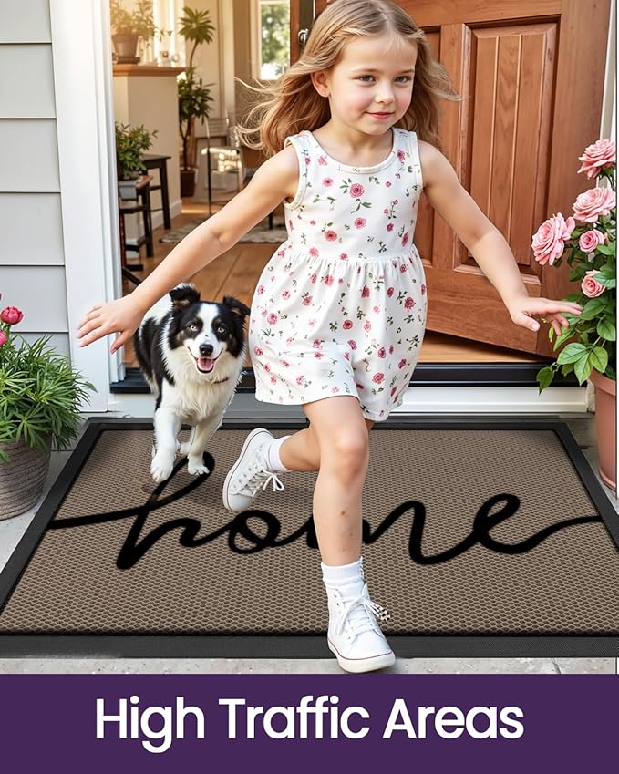 DEXI Front Door Mat Outside Entrance 17x30, Non Slip Dirt Trapper Doormat for Entryway, Heavy Duty Low Profile Floor Entry Mats Inside Decorative, Home Brown
