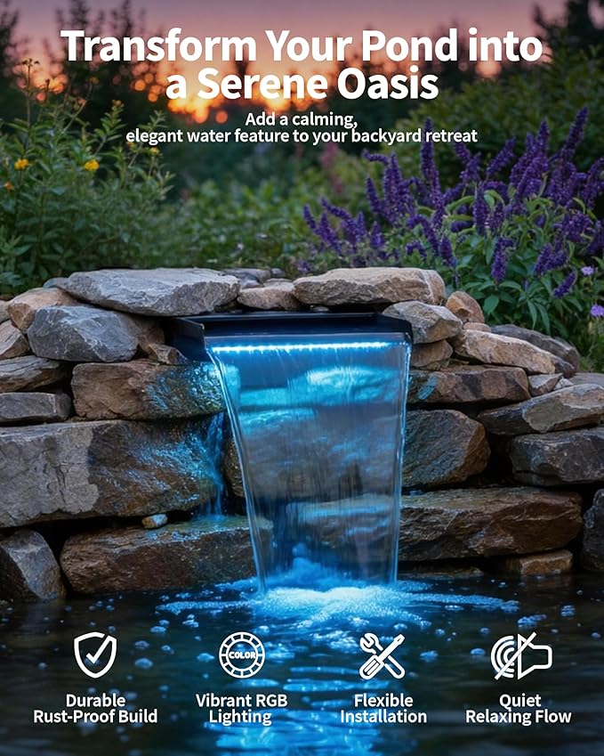 POPOSOAP 8inch Pond Waterfall Spillway with RGB LED Lights & 660GPH Pump Kit - APP/Remote Control, 304 Stainless Steel Pond Spillway with 9.8FT Tubing for Garden Ponds Landscape Water Features-P42DY
