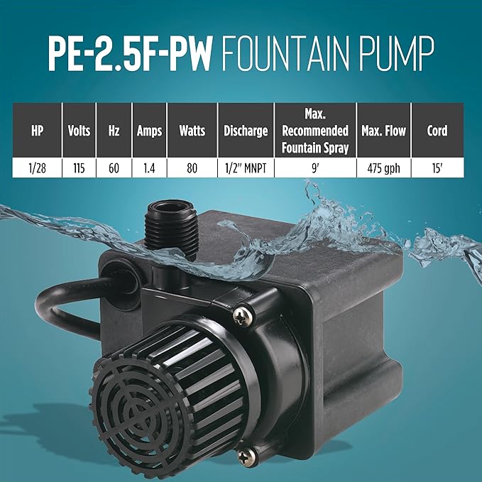 Little Giant PE-2.5F-PW 115 Volt, 1/28 HP, 475 GPH Submersible Direct Drive Pump for Small Ponds or Fountain with 15-Ft. Cord, Black, 566612
