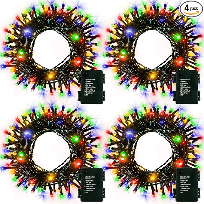 4 Pack Christmas String Lights Battery Operated, Each 50 LED16.5Ft Dark Green String Lights Auto Timer 8 Modes Indoor Outdoor Xmas Wreath Tree Decor (Multicolor)