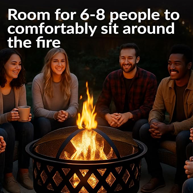 Sunnydaze Crossweave Outdoor Fire Pit - Wood-Burning Fire Pit for Outside with Spark Screen, Poker and Round Cover - 30-Inch - Black