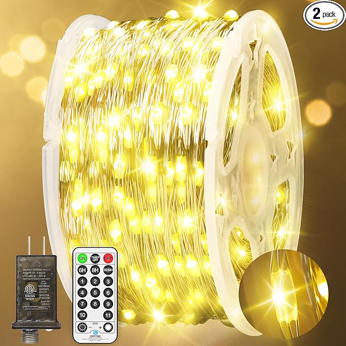 2 Pack Each 132 FT 400 LED Fairy Lights Plug In Christmas Lights Outdoor Decorations Waterproof String Lights with Timer 8 Modes Memory for Holiday Wedding Party Tree Wall Bedroom Garden-Warm White