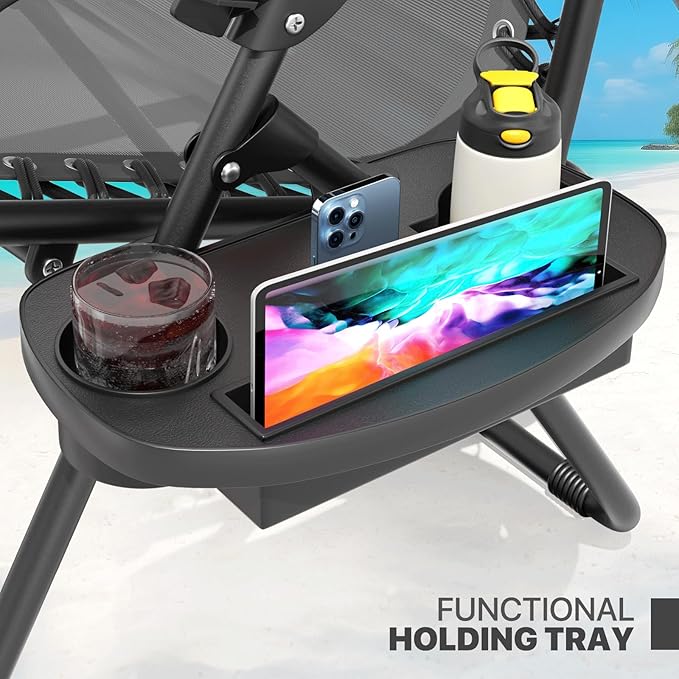 Magshion Zero Gravity Lounge Chair, Adjustable Folding Recliner with Cup Holder Side Tray & Removable Headrest Pillow, Portable Outdoor Patio Lounger for Camping, Beach, Lawn, Backyard, Grey