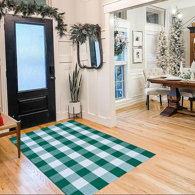 CAINANEL Green and White Buffalo Plaid Outdoor Rug Spring Door Mat Layering Rug Welcome Doormats for Spring Easter Farmhouse Entrance Porch Outdoors Decor
