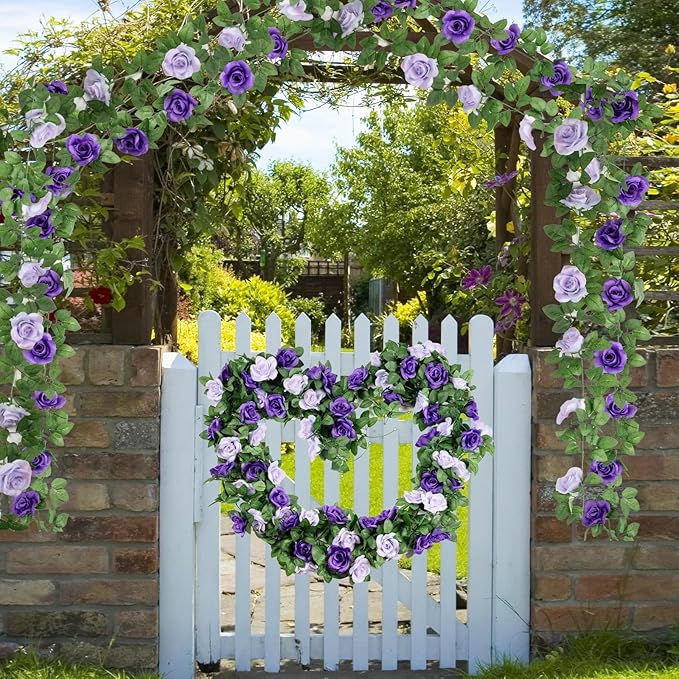 2 Pack 16FT Artificial Rose Garland - Dual Tone Light/Dark Purple Silk Flower Vines for Wedding Arch, Mother's Day, Home Office Décor (32 Roses)