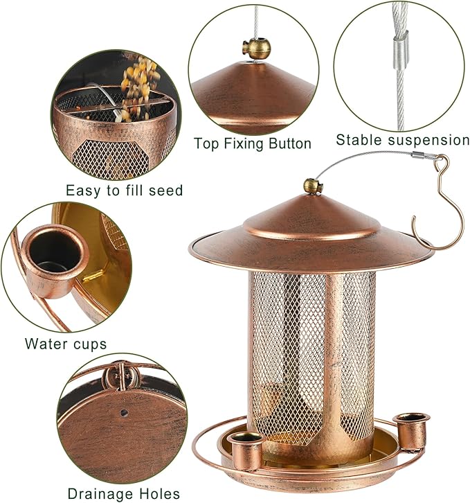 Bird Feeder, Heavy Duty Bird Feeders for Outdoors, Metal Iron Mesh Squirrel Proof with 3 Extra Feeding Ports,4LB Large Capacity Wild Birdfeeder for Outside Hanging Garden Yard Backyard