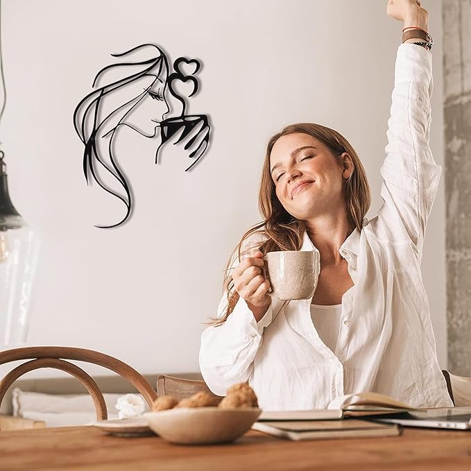 LIYAOLI 3D Black Metal Coffee Wall Art Bar Sign Decor,Kitchen Line Art Wall Decor,Woman Drinking Coffee Wall Sculptures,Unique Modern Wall Art for Living Room,Bedroom
