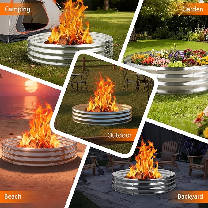 60 Inch Large Round Fire Ring Pit, Outdoor Bonfire Rings for Wood Burning, Galvanized Steel Fire Pit Portable for Backyard, Camping, Patio, Beach (5×5×1 FT, White)