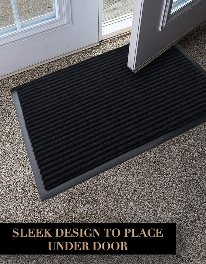 LuxUrux Striped Black Door Mat - Heavy Duty, Indoor/Outdoor, Easy Clean, Waterproof, Low-Profile (24'' x 16'') - Ideal for Entry, Patio, Garage - Durable Solution for High Traffic Entrance Ways