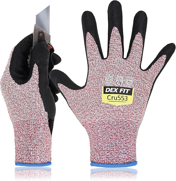 DEX FIT Level 5 Cut Resistant Gloves Cru553, 3D-Comfort Stretchy Fit, Power Grip, Professional Grade, Thin, Touch-Screen Compatible, Durable, Machine Washable; Red L (9) 1 Pair