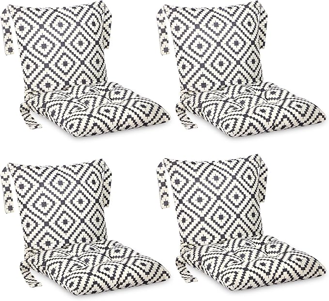 Barydat 4 Pcs Outdoor Patio Chair Cushions with Back, 21.7 x 43.3 Inch Decorative Dining Back Cushions with Tie Buffalo Plaid Indoor Outdoor for Patio Furniture(Black and White,Grid)