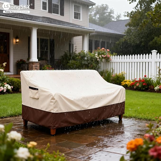 Outdoor 2-Seater Loveseat Cover,Patio Sofa Covers Fits up to 58W x 32.5D x 31H Inches,100% Waterproof Heavy Duty Patio Furniture Covers,Beige&Brown