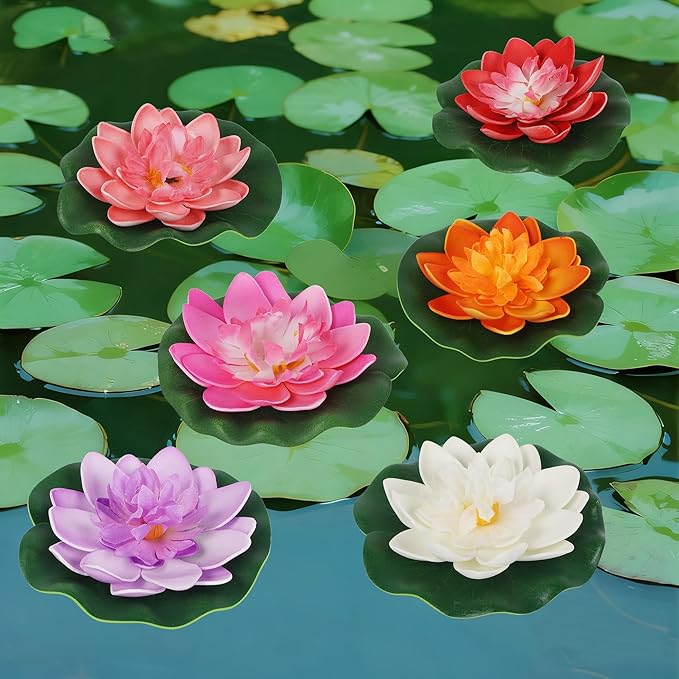 Happy Trees 12 Pcs Artificial Floating Foam Lotus Flower with Water Lily Pad, Lifelike Ornanment Home Garden Pond Decor Indian Decorations Return Gifts