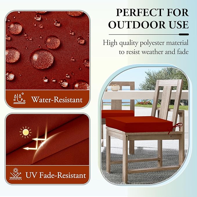 Wellsin Outdoor Chair Cushions for Patio Furniture - Outdoor Cushions for Chairs - Water Resistant Patio Chair Cushions Set of 4, 18.5"X16"X3", Brick Red