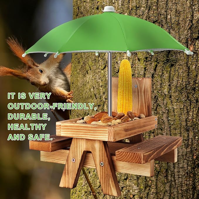 Gnodary Squirrel Feeder with Umbrella, Squirrel Feeders for Outside, Squirrel Picnic Table Feeder - Chipmunk Feeder Hold Corn, Corn Cob, Peanuts (Green)