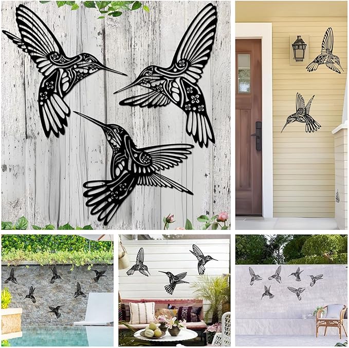 QZGXDECO Set of 3 Metal Hummingbird Wall Decor, 3D Iron Bird Wall Art for Outdoor Garden Fence, Patio & Yard Decorations, Large Hanging Sculptures for Living Room & Home, Gifts for Bird Lovers