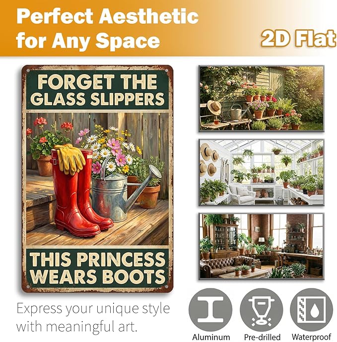 Country Girl Tin Sign - "This Princess Wears Boots" Inspirational Garden Decor - Metal Sign Vintage Red Rain Boots & Flowers Farmhouse Wall Art - 8x12 Aluminum Plaque for Shed, Porch, Yard