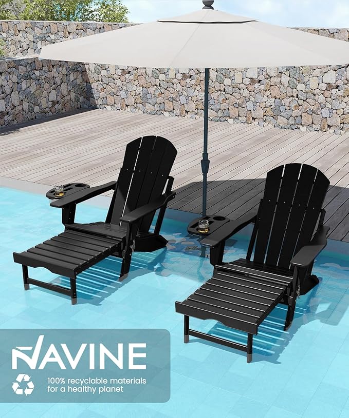 Adjustable Adirondack Chair with Retractable Ottoman Set of 4, HDPE Folding Adirondack Chair with Cup Holder, All Weather Fire Pit Chair for Outdoor,Black