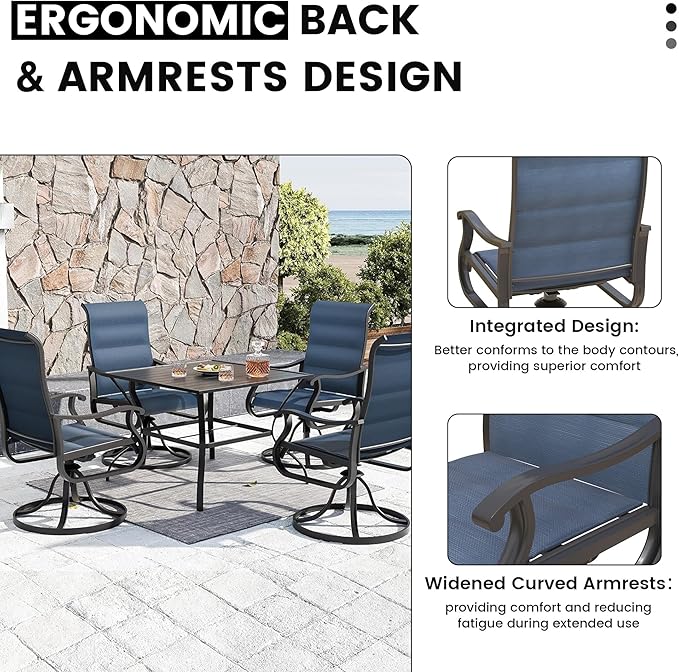 Patio Swivel Chairs Set of 6, Outdoor Dining Chairs with High Back, All-Weather Swivel Rocker Chair for Lawn, Porch or Garden (Padded Navy)
