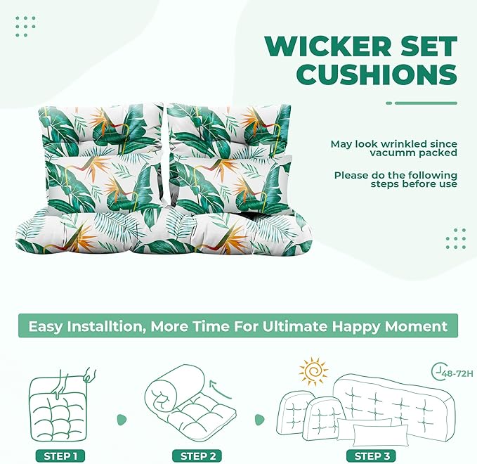 Wicker Chair Cushions of 5 Pieces, Waterproof Outdoor Loveseat Cushion for Wicker Furniture, 1 Love Seat Cushion, 2 U-Shape and 2 Lumbar Pillows for Patio Furniture (Yellow Leaf)