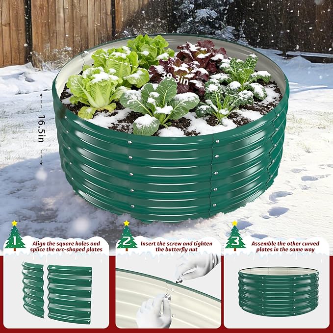 16 Inch Tall Heavy-Duty Round Steel Rised Garden Bed – Wave-Shaped Design Galvanized Metal Planter Box for Vegetables Flowers Succulent at Patio/Garden Outdoor (Green, 40" Diameter X 16" Tall)