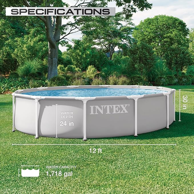 INTEX 26710EP 12Ft X 30In Prism Frame Premium Above Ground Swimming Pool, SuperTough Puncture Resistant, Rust Resistant, Easy Assemble, 1718 Gallon Capacity, Pool Only (Pump Not Included)