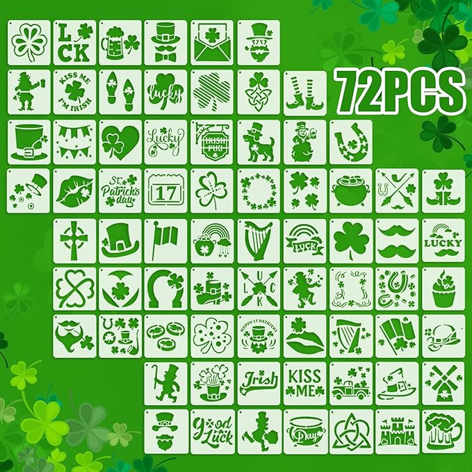 72 Pcs St Patricks Day Stencils for Painting Set, Reusable Shamrock Leaf Hat Beer Mugs Painting Templates - Stencil Crafts Drawing Templates for DIY Scrapbook, Home Wall Murals, Canvas Wood Signs
