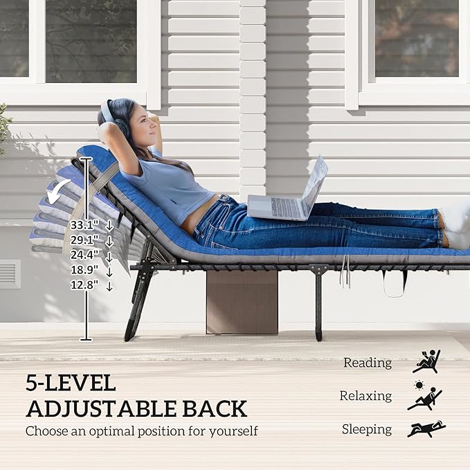 Outsunny Chaise Lounge Chair Outdoor Set of 2, 5-Position Adjustable Outdoor Pool Lounge Chairs, Folding Tanning Chair Beach Lounger with Cushion, Headrest, Side Pocket for Patio, Yard, Brown/Blue