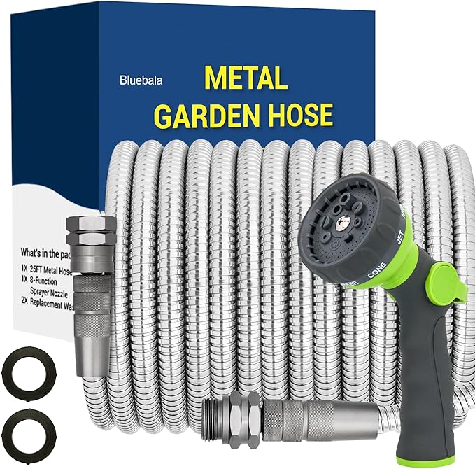 100 FT Stainless Steel Garden Hose – Long Reach 304 Steel Metal Water Hose, No-Kink, Leak-Proof Swivel Fittings, Puncture Resistant, 8-Pattern Nozzle for Large Yards, Driveways, Farm Tasks