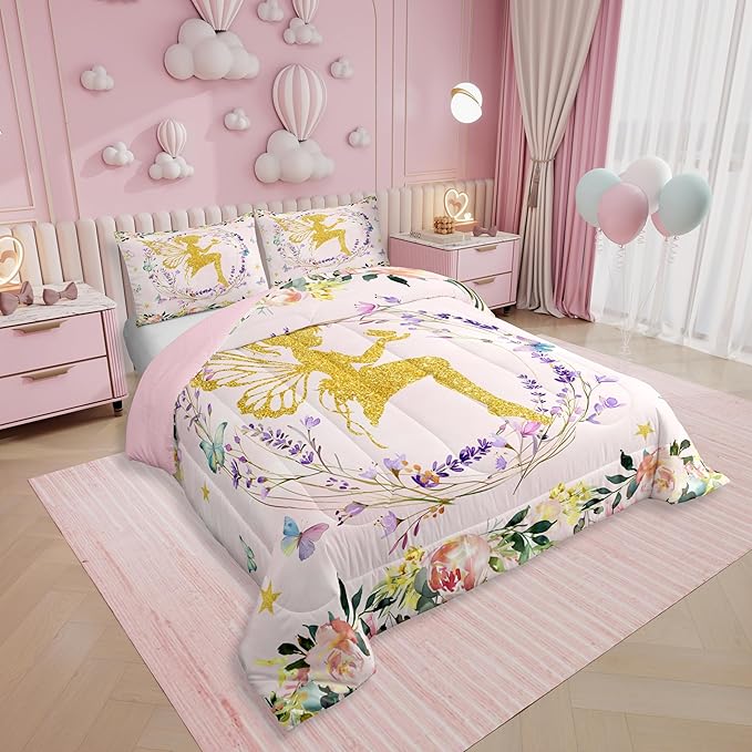 Erosebridal Dreamy Fairy Twin Comforter Set,Fairy Garden Floral Bedding Sets for Girls Kids,Pink Flower Butterfly Quilt Bed Set,Sweet Princess Cute Bedroom Decor,1 Pillowcase Reversible