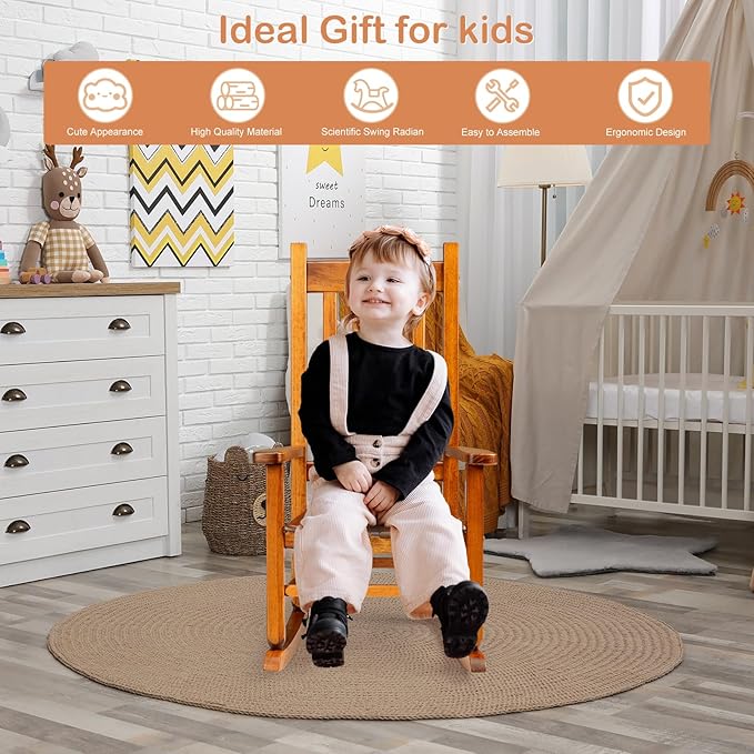 VINGLI Outdoor Child’s Rocking Chair, All Weather Wooden Rocking Chair with High Backrest, Patio Rocker for Garden, Yard, Balcony, Wooden Rocker for 6-10 Years Old, Teak