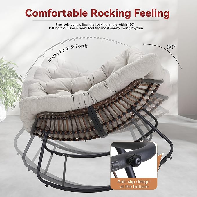 Rocking Papasan Chair, Oversized Outdoor Rocking Chair Rattan Rocking Chair with Deep Seat Thick Cushion, Patio Rocking Chair for Indoor/Porch/Garden (Beige & Black)