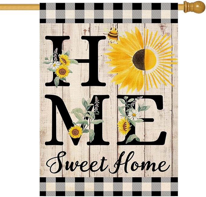 ORTIGIA Summer Sunflower House Flag Burlap Vertical Double Sided 28 x 40 Inch Home Sweet Home Spring Floral Flower Large House Flag Buffalo Check Plaid Home Front Yard Patio Outside Outdoor Decor