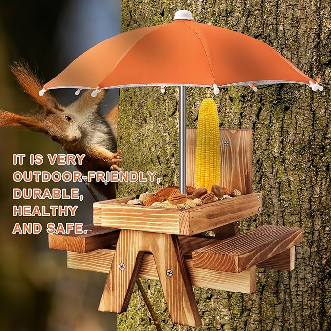 Gnodary Squirrel Feeder with Umbrella, Squirrel Feeders for Outside, Squirrel Picnic Table Feeder - Chipmunk Feeder Hold Corn, Corn Cob, Peanuts (Orange)