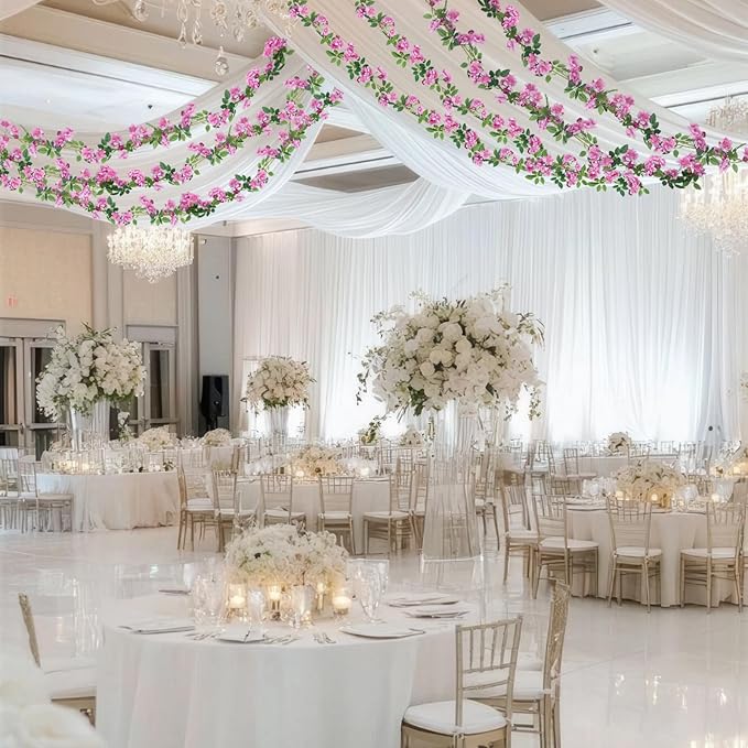 2 Pcs Artificial Flowers Garland for Outdoors Pink Faux Gardenia Garland 12Ft Silk Rose Hanging Vines Floral for Wedding Arch Party Wall Garden Ceremony Backdrop Fence Spring Decor