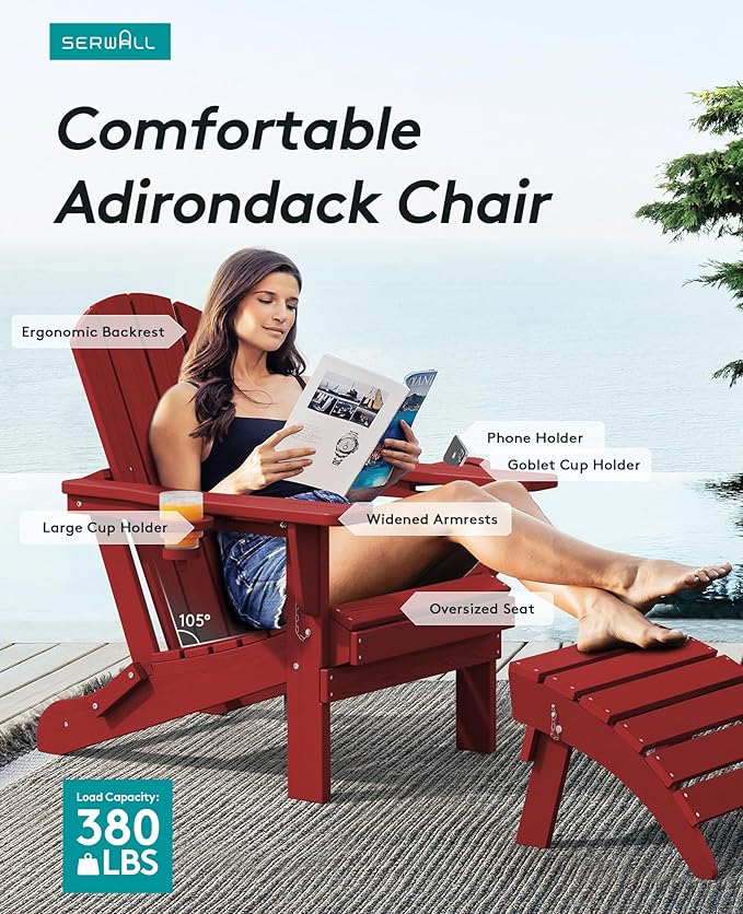 SERWALL Adirondack Chair with Cup Holders - Composite Adirondack Chairs Set of 2 HDPE Outdoor Chairs All Weather Use- Dark Red
