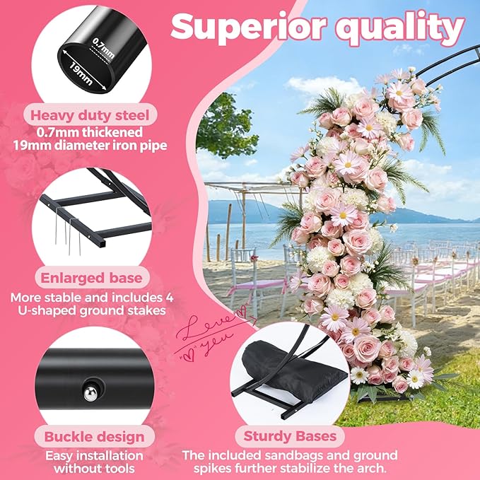 Large Metal Garden Arch Trellis,Wedding Arch. 8*7Ft. 19mm Heavy-duty Pipe, Arch Frame for Party Decorations,Balloon Arch.Garden Arbor Arch Trellis for Climbing Plants, With Base,Ground Stakes Sandbags