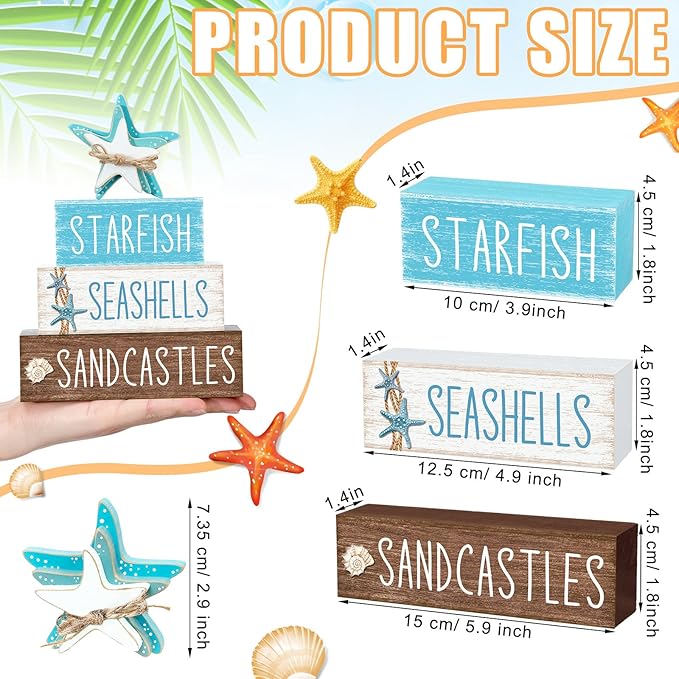 4 Pcs Beach Summer Table Decor Starfish Seashell Coastal Wooden Block Sign Ocean Tiered Tray Decor Farmhouse Table Centerpieces Rustic Nautical Decorations for Home Office Desk Shelf Mantel