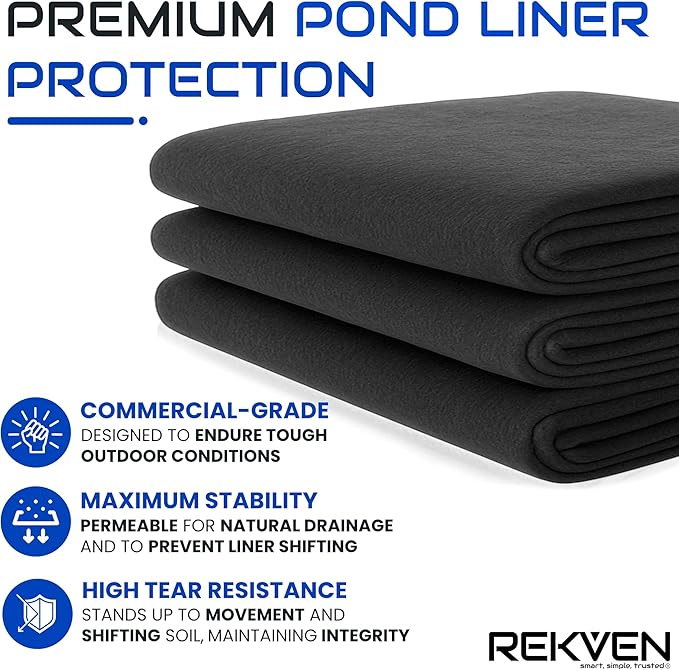 Pond Liner Underlayment - 15 x 20 Feet - Non Woven Geotextile Landscaping Fabric with 20 U-Pin Garden Staples - Perfect for Fish Koi and Preformed Ponds Fountains Waterfalls