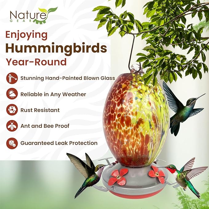 Nature Gear Hummingbird Feeder, Hanging-Mount Glass Hummingbird Feeders for Outdoors, Hand-Blown Glass Feeder with Ant Moat for Garden Hummingbirds, Easy to Clean & Rust Resistant, Volcano Red