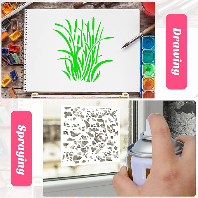 Outus 9 Pieces Camo Print Stencils Camouflage Painting Templates Reusable Grass Pattern Stencils Green Camo for DIY Scrapbooking Painting on Wood Crafts (11.8 x 11.8 Inch)