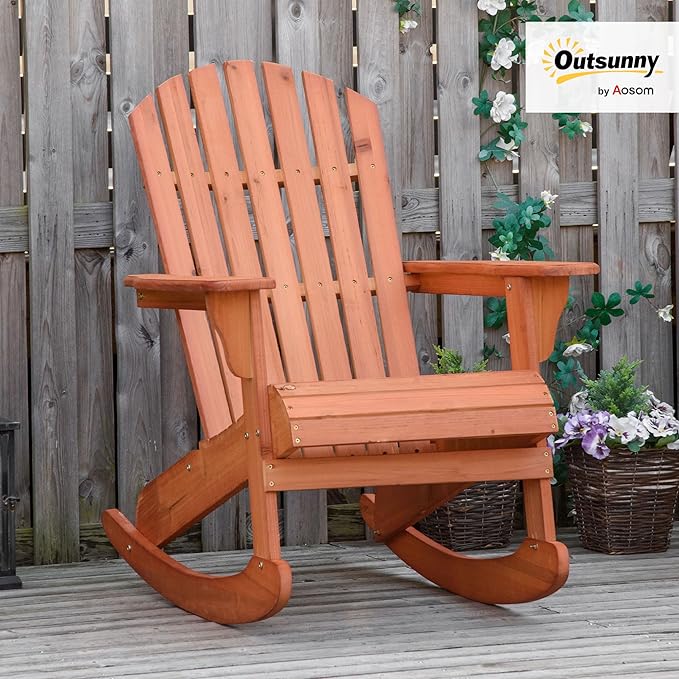 Outsunny Wooden Adirondack Rocking Chair Outdoor Lounge Chair Fire Pit Seating with Slatted Wooden Design, Fanned Back, & Classic Rustic Style for Patio, Backyard, Garden, Lawn, Teak