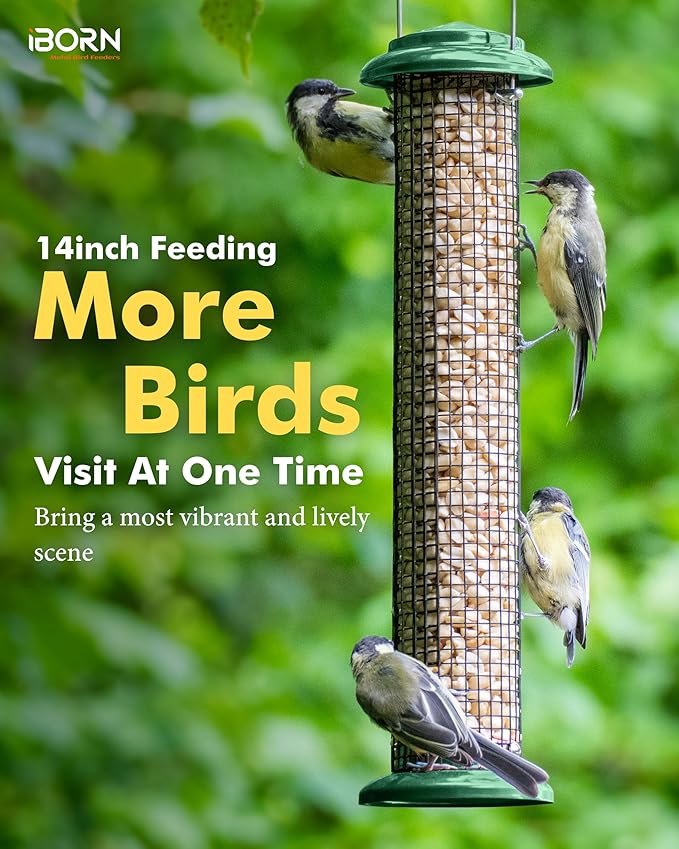 iBorn Metal Peanut Bird Feeder for Outdoors - 14" Peanut & Sunflower Seed Feeder, Hanging Metal Mesh Mixed Seed Bird Feeder with Easy-Clean Design for Woodpeckers, Jays, Titmice,Green