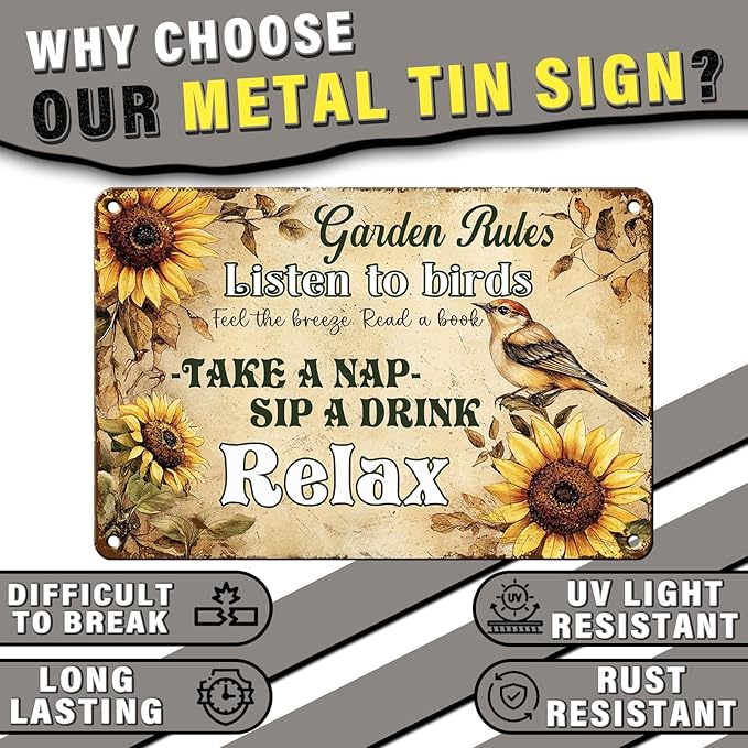 PEACHGARDEN Garden Rules Vintage Metal Sign Outdoor Wall Art Women Gardening Gifts Wall Decor Retro Poster for Garden Patio Yard Farmhouse 8x12inch