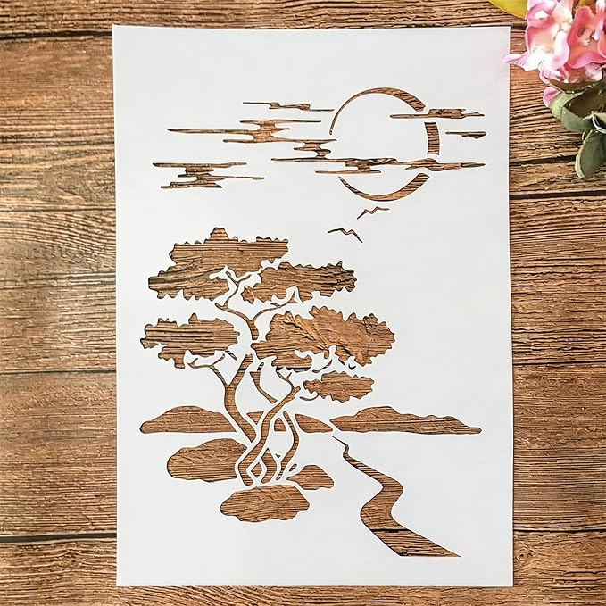 TIAMECH A4 Reusable Night Scene Stencil for Painting - Moon Road Tree Mountain Layering Template, DIY Wall Art, Wood Furniture, Scrapbook & Crafts (8.3x11.7inch)