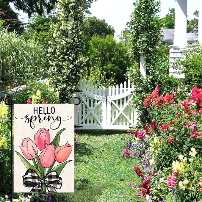 DIYDEC Spring Garden Flag 12x18 Inch Vertical Double Sided Burlap Spring Tulip Flowers Design Hello Spring Flag for Outdoor Yard Garden Seasonal Holiday Farmhouse Spring Summer Decoration