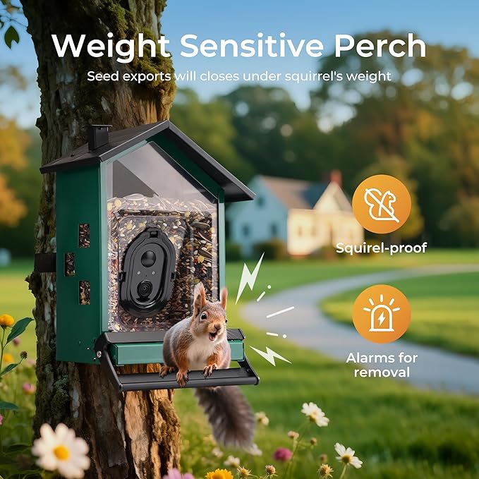 TT Nature Smart Bird Feeder with Camera Solar Powered Squirrels-Proof, AI Identify Bird Species & Instant Arrival Notification Camera, Data Security, Metal Case 3.2L Large Capacity Gift, Green