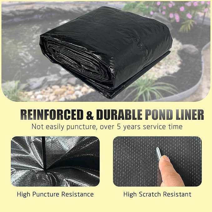 25X25FT Reinforced PE Pond Liner, KOI Pond Liners for Outdoor Ponds, Enhanced 5-Layer Structure Pond Liner for Fish, Duck, Garden Raised Bed and Waterscape Pond(0.82oz/sq ft Thickness)