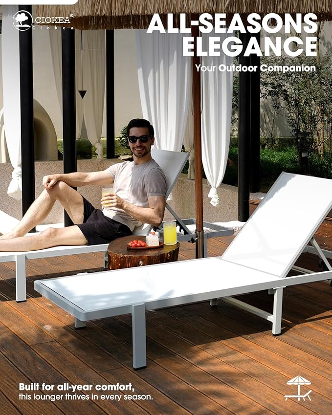 Ciokea Patio Chaise Lounge Chair Set of 2, Outdoor Lounge Chairs with Wheels, 5-Position Adjustable Sun Loungers for Pool, Deck, Beach, White